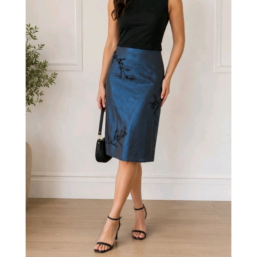 Vintage Blue Silk Whimsygoth Fairy Black Embroidered Rose Knee Length Skirt Sz S
